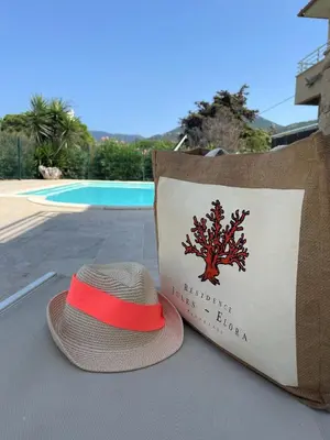 a hat sitting on a table next to a bag at T3 - bord de mer - piscine - vue magnifique in Propriano