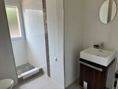 a bathroom with a shower and a sink and a toilet at T3 - bord de mer - piscine - vue magnifique in Propriano