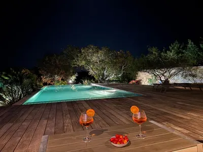 a table with wine glasses and a bowl of fruit next to a swimming pool at VILLA Corse du Sud in Pianottoli-Caldarello