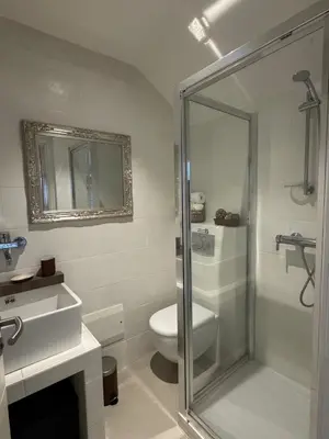 a bathroom with a shower and a toilet and a sink at VILLA Corse du Sud in Pianottoli-Caldarello