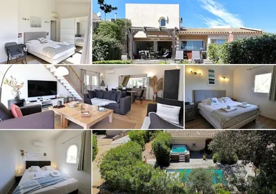 a collage of photos of a house at Villa U Serenu - Piscine, Jacuzzi & Vue Mer in Bonifacio