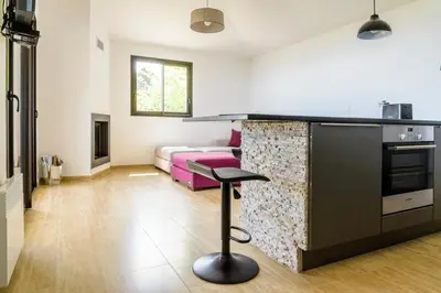 a kitchen and living room with a pink couch at Entre mer et montagne Villa Cartalavonu in Porto-Vecchio