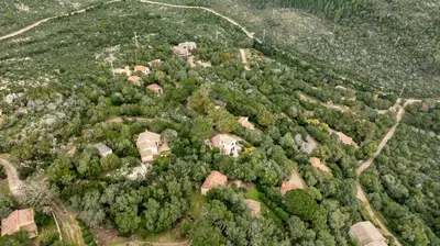 an aerial view of a house in the trees at Villa F2 Tonnara pour 4 personnes, Rondinara, Bonifacio in Bonifacio