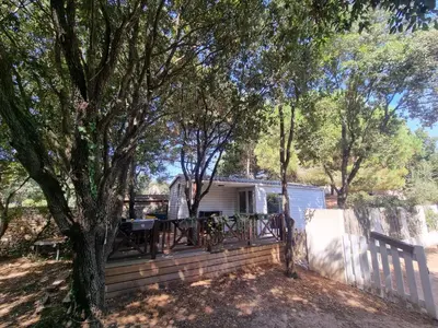 a house with a deck with a tree at Logement dans terrain privé et familiale in Bonifacio