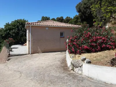 a small house with pink flowers in front of it at La Palombière - L Arbousier in Casalabriva