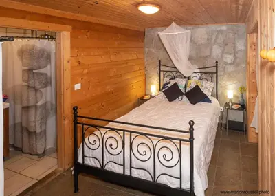 a bedroom with a bed in a wooden room at Oliveraie d'Olmiccia in Olmiccia