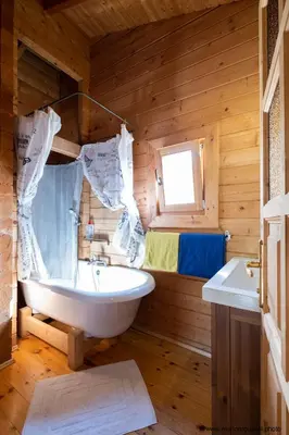 a wooden bathroom with a tub and a sink at Oliveraie d'Olmiccia in Olmiccia