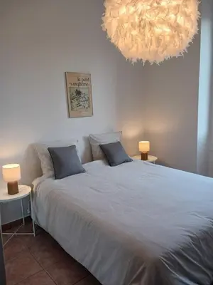 a bedroom with a bed with two pillows and a chandelier at Bright T3 in the heart of Ajaccio with port view in Ajaccio