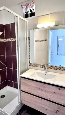 a bathroom with a sink and a shower and a mirror at Studio vue mer - Centre Ajaccio - 150 m cœur de ville in Ajaccio