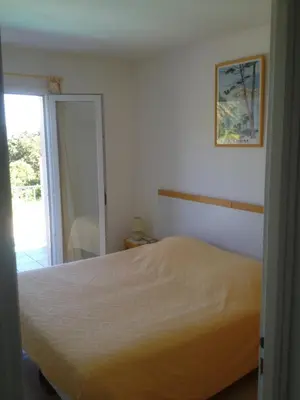a bedroom with a large bed and a sliding glass door at Villa de charme et plage 5 mn à pied in Campomoro