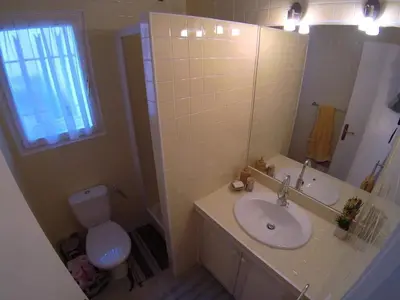 a bathroom with a toilet and a sink and a mirror at Villa Tarco, South Corsica, Sea View & Garden in Conca