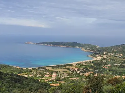 an aerial view of a beach and the ocean at location Appartement Cargèse in Cargèse