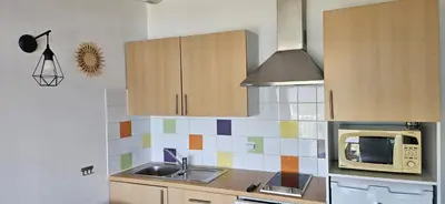 a kitchen with a sink and a microwave at T2 Alba Rossa n 124, Chaleureux vue mer et piscine in Serra-di-Ferro