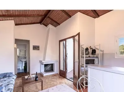 a living room with a couch and a fireplace at Villa RoccaPina 35 m2 - 2 - 4 people Rondinara, Bonifacio in Bonifacio