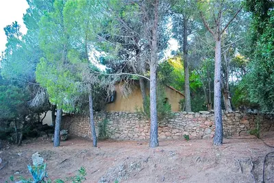 a stone wall and trees in front of a house at Villa RoccaPina 35 m2 - 2 - 4 people Rondinara, Bonifacio in Bonifacio