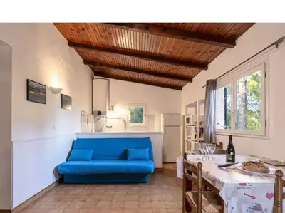 a living room with a blue couch and a table at Villa Folaca 45m2 5 pers Rondinara Bonifacio in Bonifacio