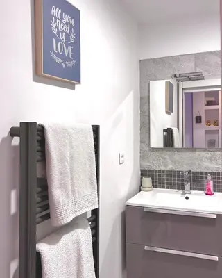 a bathroom with a sink and a mirror and towels at Studio climatisé au cœur d Ajaccio - à pied des plages et du centre in Ajaccio