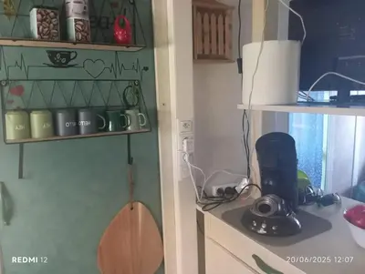 a kitchen with a counter with a coffee maker on a shelf at Bungalow charmant à Sorbo-Ocagnano avec jardin in Sorbo-Ocagnano