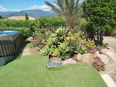 a garden with grass and flowers and a pool at Villa les Palmiers pool spa view of Bavella in Sainte-Lucie de Porto-Vecchio