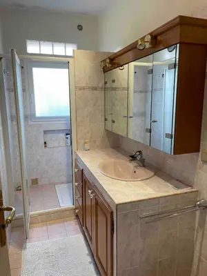 a bathroom with a sink and a shower at Maison Bon Aria familiale vue mer 5 min plages in Porto-Vecchio
