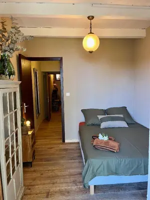 a bedroom with a bed and a light on the ceiling at Magnifique Duplex au coeur de Cargèse in Cargèse