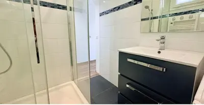 a bathroom with a sink and a glass shower at APPARTEMENT Vue MER TIUCCIA in Casaglione