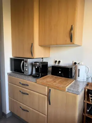 a kitchen with a counter top with a microwave at Cherry & Mountain Appartement in Ajaccio