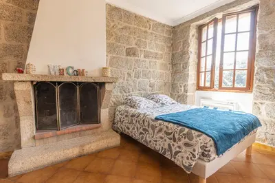 a bedroom with a bed and a fireplace at L'OMU DI CAGNA in Sartène