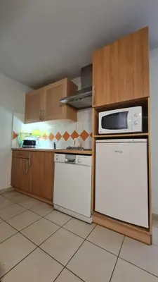 a kitchen with a white refrigerator and a microwave at Grand F2 clim wifi lave linge vue mer résidence piscine mer à pied in Serra-di-Ferro