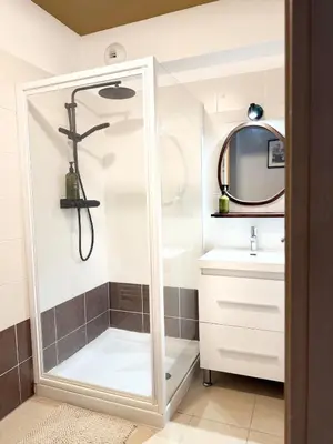 a bathroom with a shower and a sink at Appartement 2 CHAMBRES PISCINE TERRASSE SAINT FLORENT in Oletta