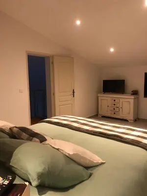 a bedroom with a bed and a television in it at villa paisible de campagne avec piscine in Alata