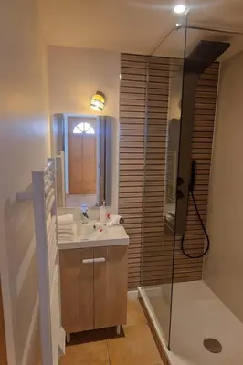 a bathroom with a sink and a mirror at Villa vue jardin dans résidence calme wifi piscine mer à pied in Serra-di-Ferro