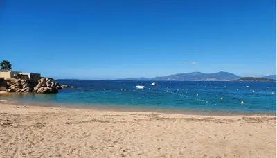 a sandy beach with a view of the ocean at camping la vallée in Coti-Chiavari