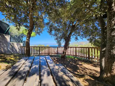 a wooden bench sitting in the middle of two trees at camping la vallée in Coti-Chiavari