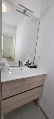 a bathroom with a sink and a mirror at Joli T2 cozy, proche plages, Terra Doru B02 in Propriano