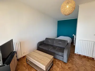 a living room with a couch and a television at Studio K4 santa lina sanguinaires Ajaccio in Ajaccio