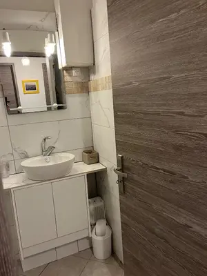 a bathroom with a sink and a mirror and a door at Appartement cosy à Propriano, 45 m², terrasse in Propriano
