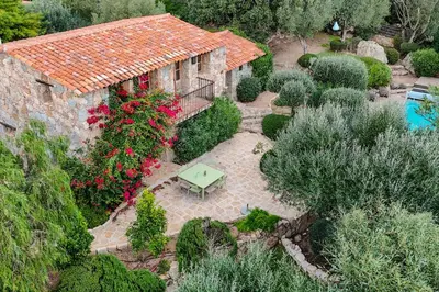 an overhead view of a garden with a table and flowers at La bergerie de Sotta in Sotta