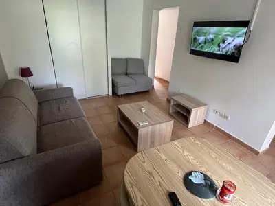 a living room with a couch and a tv at Mini Villa Alba Rossa in Serra-di-Ferro