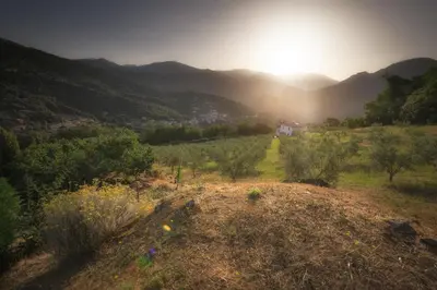 a view of a field with the sun setting in the mountains at Sarl Aurore-Vacances in Vico