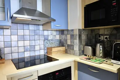a kitchen with blue cabinets and a stove at Les Sanguinaires N31 - T2 Vue Mer, Piscine, Plage in Ajaccio