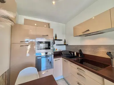 a kitchen with stainless steel appliances and wooden cabinets at Appartement Altu Mare 2 pièces avec terrasse AGOSTA PORTICCIO in Albitreccia