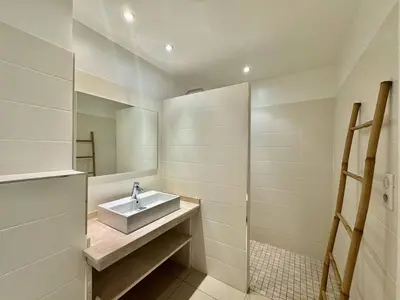 a bathroom with a sink and a shower at T2 au cœur de Propriano in Propriano