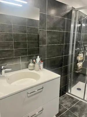 a bathroom with a sink and a shower at T2 avec vue panoramique in Ajaccio