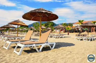 a group of chairs and umbrellas on a beach at Bungalow 4 people - Marea Resort in Santa-Lucia-di-Moriani