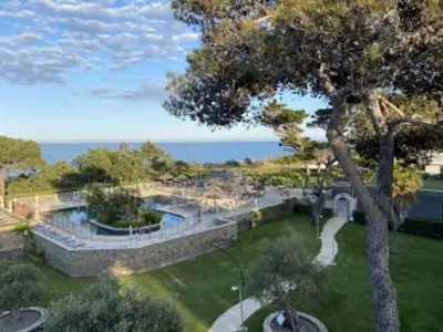 a view of a park with a tree and the ocean at Gorgeous apartment for 4 people with balcony in Linguizzetta