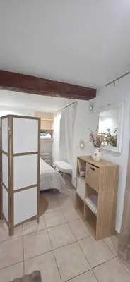 a bedroom with a bed and a desk with a mirror at Studio en centre ville a 2 minutes de la plage in Ajaccio