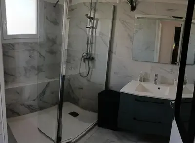 a bathroom with a shower and a sink at Immeuble Imperial in Corte