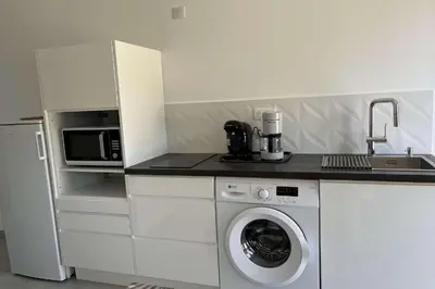 a kitchen with a washing machine and a microwave at Villa Canoe - Appartement 2 pièces in Santa-Maria-Poggio