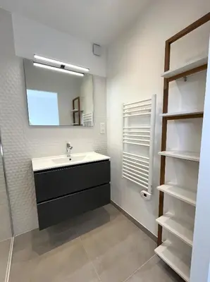 a bathroom with a sink and a mirror and shelves at Villa Canoe - Appartement 2 pièces in Santa-Maria-Poggio